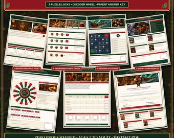May include: A printable Christmas escape room game titled The North Pole Workshop Lockout, featuring an 8-page family mystery kit with 5 puzzle locks, a decoder wheel, and an answer key. Includes illustrated puzzles, cipher wheels, and labels.