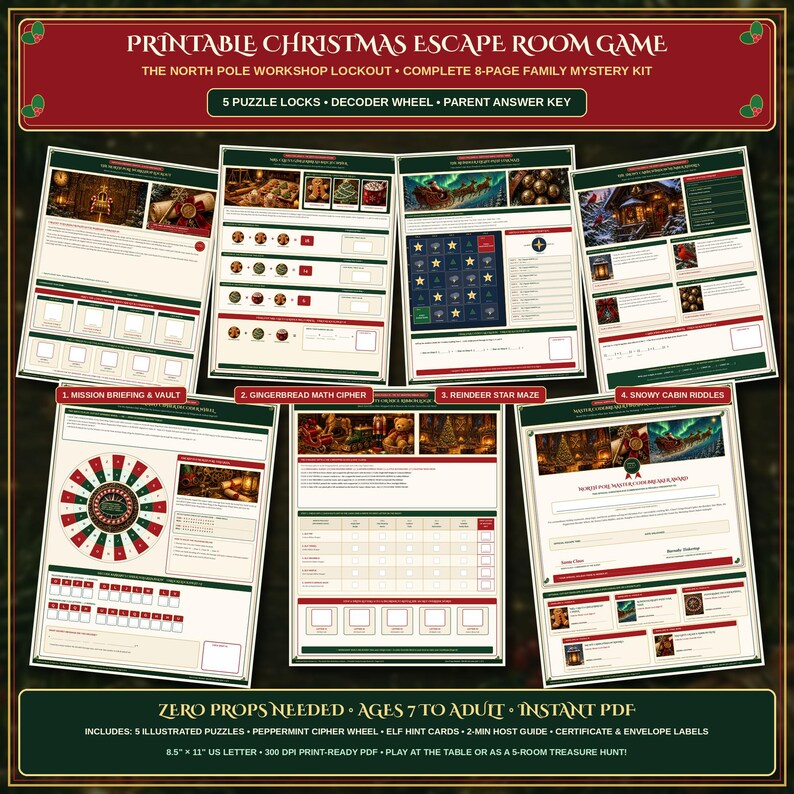 May include: A printable Christmas escape room game titled The North Pole Workshop Lockout, featuring an 8-page family mystery kit with 5 puzzle locks, a decoder wheel, and an answer key. Includes illustrated puzzles, cipher wheels, and labels.