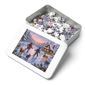 Cozy Cottage Seasons Ice Skating Pond Jigsaw Puzzle, Winter Woodland Friends, Tin Box (252 Pieces) image 3