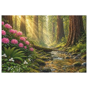 Cathedral of the Redwoods and Rhododendron Bloom Jigsaw Puzzle in Collectors Tin (500 and 1000 Piece) - Forest Sunbeams - Redwood Roots image 1