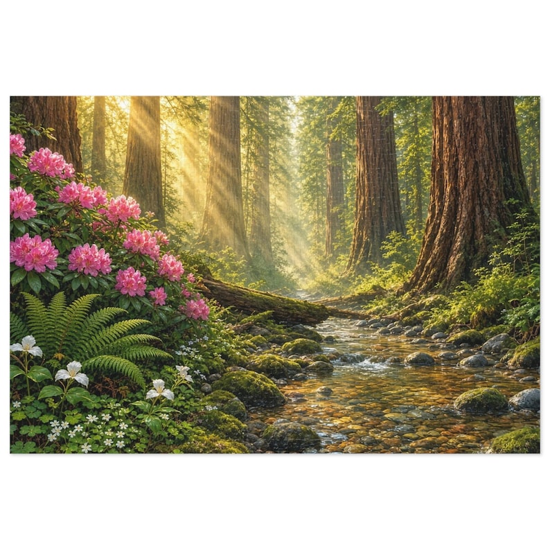 Cathedral of the Redwoods and Rhododendron Bloom Jigsaw Puzzle in Collectors Tin (500 and 1000 Piece) - Forest Sunbeams - Redwood Roots image 1