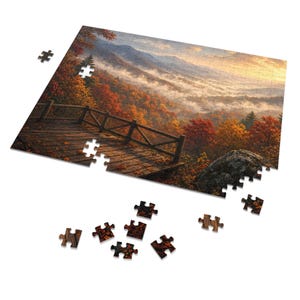 Cozy Cottage Seasons Mountain Overlook Jigsaw Puzzle, Misty Valley, Tin Box (252 Pieces) image 2