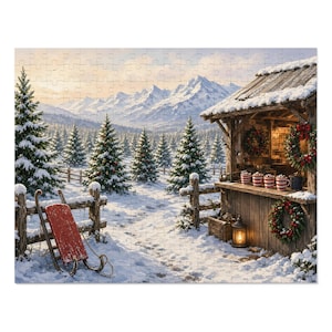 Cozy Cottage Seasons Hot Cocoa Stand Jigsaw Puzzle, Christmas Tree Farm, Tin Box (252 Pieces) image 1