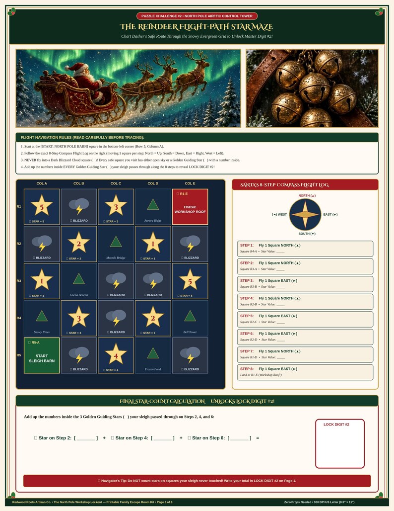 May include: A printable puzzle challenge sheet titled The Reindeer Flight-Path Star Maze. It features a 5x5 grid with stars, clouds, and triangles, a compass flight log, and instructions for a holiday-themed game on an 8.5 x 11 inch page.
