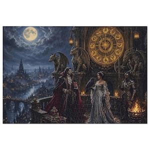 May include: A jigsaw puzzle illustration featuring a person in a red-lined black cape and a person in a silver gown standing on a stone balcony. A large golden clock, stone gargoyles, a raven, and a knight in armor are present under a full moon.
