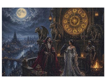 May include: A jigsaw puzzle illustration featuring a person in a red-lined black cape and a person in a silver gown standing on a stone balcony. A large golden clock, stone gargoyles, a raven, and a knight in armor are present under a full moon.