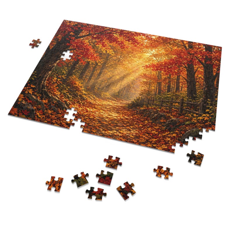 Cozy Cottage Seasons Golden Forest Path Jigsaw Puzzle, Autumn Woods, Tin Box (252 Pieces) image 2