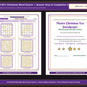 May include: A Woodland Elf's Christmas Word Search activity set featuring two pages. The left page displays six word search grids with highlighted solutions. The right page shows a Master Christmas Eve Storykeeper award certificate with five stars.
