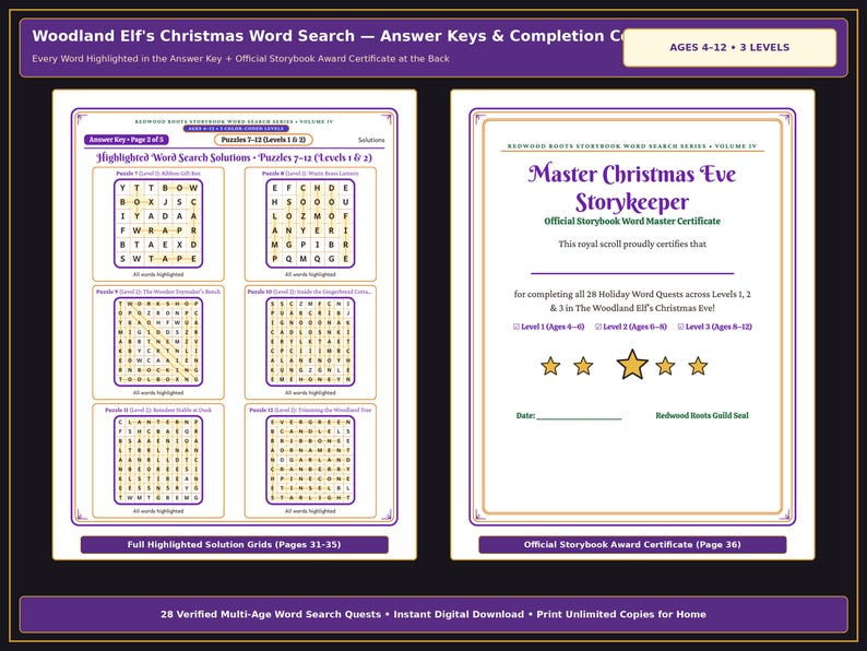 May include: A Woodland Elf's Christmas Word Search activity set featuring two pages. The left page displays six word search grids with highlighted solutions. The right page shows a Master Christmas Eve Storykeeper award certificate with five stars.