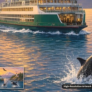 May include: A large green and white ferry boat travels across calm water at sunset, leaving a white wake behind it. In the foreground, a black and white orca breaches the water surface, creating a splash. A small inset shows the full scene.