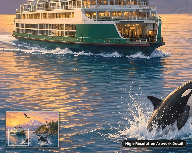 May include: A large green and white ferry boat travels across calm water at sunset, leaving a white wake behind it. In the foreground, a black and white orca breaches the water surface, creating a splash. A small inset shows the full scene.