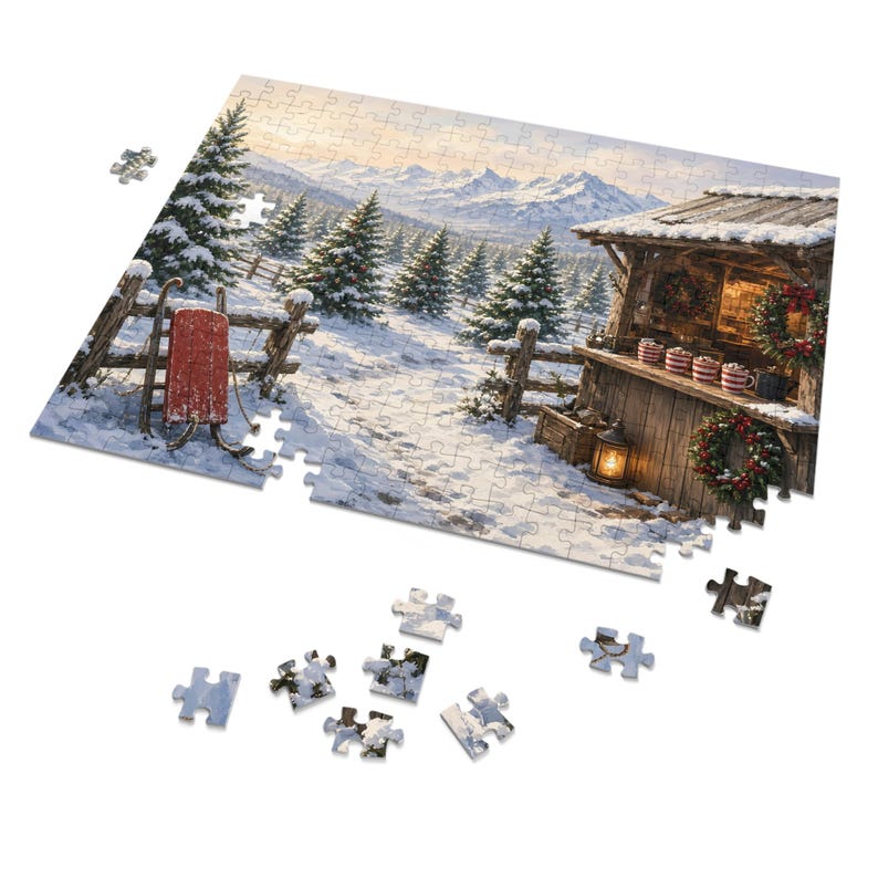 Cozy Cottage Seasons Hot Cocoa Stand Jigsaw Puzzle, Christmas Tree Farm, Tin Box (252 Pieces) image 2