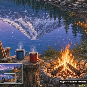 May include: A digital artwork depicting a lakeside scene with a campfire, two steaming mugs on a wooden stump, and a mountain reflection in the water. A small inset shows the full landscape with a cabin, canoe, and starry night sky.