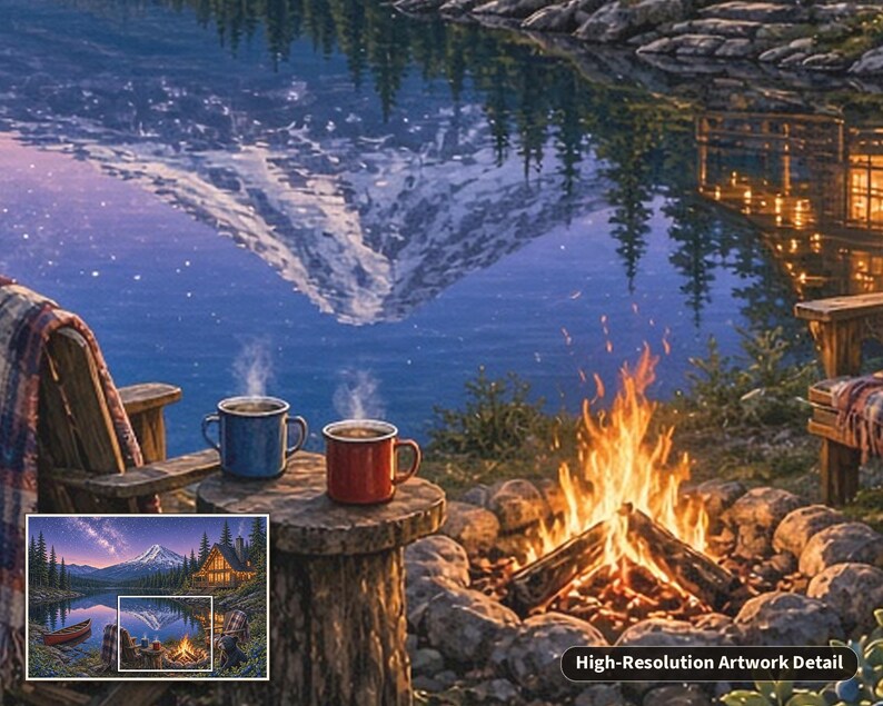 May include: A digital artwork depicting a lakeside scene with a campfire, two steaming mugs on a wooden stump, and a mountain reflection in the water. A small inset shows the full landscape with a cabin, canoe, and starry night sky.