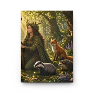 May include: A digital illustration of a figure with long brown hair wearing a green cloak and a crown of antlers, kneeling in a sunlit forest. A red fox, a badger, and a hedgehog are positioned nearby among purple lupine flowers.