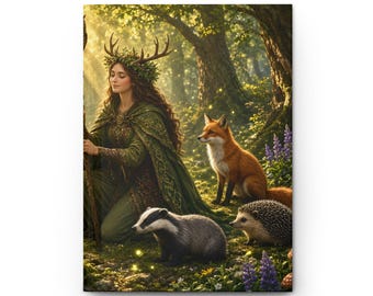 May include: A digital illustration of a figure with long brown hair wearing a green cloak and a crown of antlers, kneeling in a sunlit forest. A red fox, a badger, and a hedgehog are positioned nearby among purple lupine flowers.