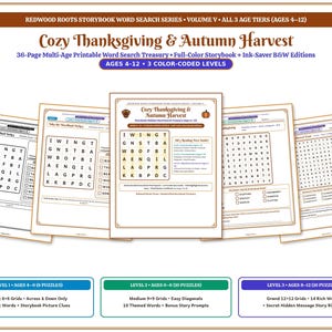 May include: A 36-page printable word search treasury titled Cozy Thanksgiving & Autumn Harvest, featuring three color-coded difficulty levels for ages 4-12. The set includes storybook pages, word grids, and ink-saver black and white editions.