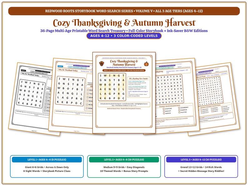 May include: A 36-page printable word search treasury titled Cozy Thanksgiving & Autumn Harvest, featuring three color-coded difficulty levels for ages 4-12. The set includes storybook pages, word grids, and ink-saver black and white editions.