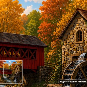 Cozy Cottage Seasons Autumn Bridge Jigsaw Puzzle, Covered Bridge Mill, Tin Box (252 Pieces) imagen 4