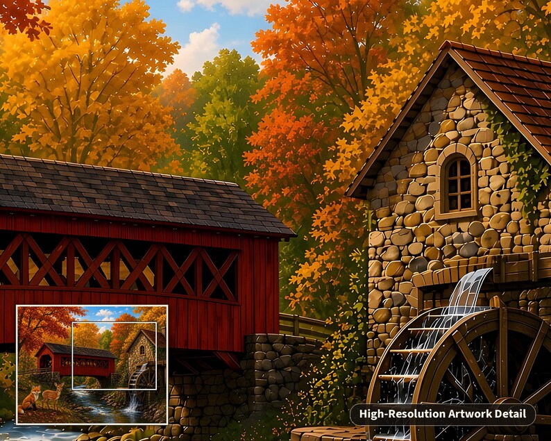 Cozy Cottage Seasons Autumn Bridge Jigsaw Puzzle, Covered Bridge Mill, Tin Box (252 Pieces) imagen 4