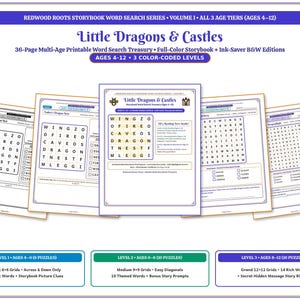 Puede incluir: Un tesoro de sopas de letras imprimibles titulado Little Dragons & Castles de la serie Redwood Roots Storybook Word Search. La colección incluye 36 páginas con tres niveles de dificultad codificados por colores para edades de 4 a 12 años.