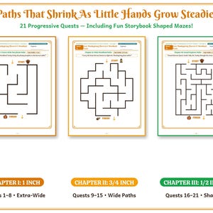 May include: Three activity pages titled Paths That Shrink As Little Hands Grow Steadier with 21 Progressive Quests. Each page features a black maze with a start and finish point, labeled Chapter I: 1 inch, Chapter II: 3/4 inch, and Chapter III: 1/2 inch.