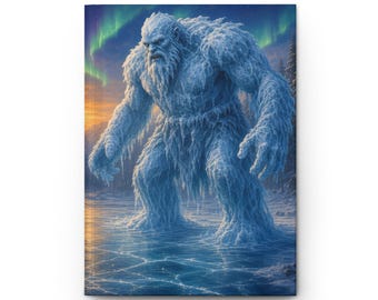 May include: A hardcover journal featuring a graphic illustration of a large, white, fur-covered yeti standing on a frozen, cracked lake surface. The background displays a vibrant green aurora borealis in the night sky above a dark forest.