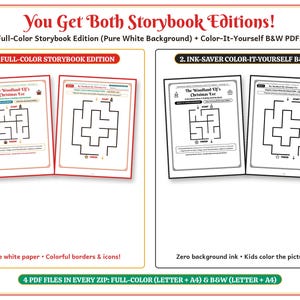 May include: A digital product listing titled You Get Both Storybook Editions featuring two sets of maze activity pages. One set includes full-color pages with red borders, and the second set features ink-saver black and white pages.