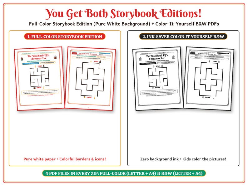 May include: A digital product listing titled You Get Both Storybook Editions featuring two sets of maze activity pages. One set includes full-color pages with red borders, and the second set features ink-saver black and white pages.