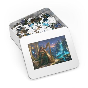 Starlight Waterfall Harp Bard Fantasy Puzzle in Tin, XL Gaming Desk Mat or Hardcover Journal - Elven Stag and Wolves Art - Redwood Roots image 5