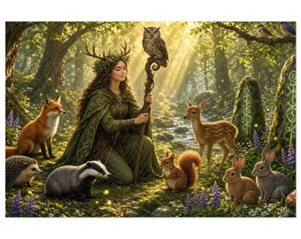 May include: A person with long hair wearing a green cloak and a leafy crown kneels in a forest, holding a wooden staff topped with an owl. They are surrounded by a fox, a hedgehog, a badger, a squirrel, a fawn, and two rabbits.