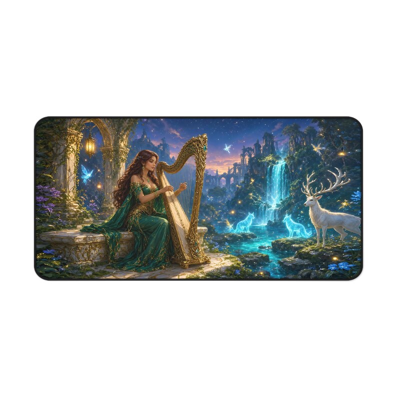 Starlight Waterfall Harp Bard Gaming Desk Mat - 32x16 High Fantasy Elven Sanctuary Mousepad, Tabletop RPG Desk Pad - Redwood Roots image 1