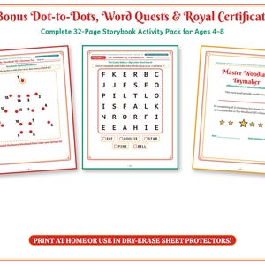 May include: A 32-page storybook activity pack titled Bonus Dot-to-Dots, Word Quests & Royal Certificate for ages 4-8. It includes a dot-to-dot page, a word search puzzle, and a Master Woodland Toymaker certificate with gold stars.