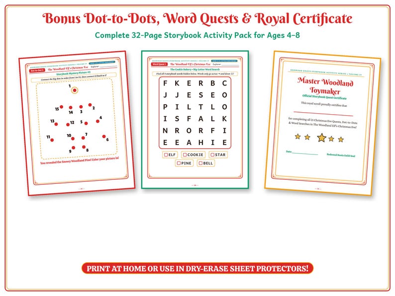 May include: A 32-page storybook activity pack titled Bonus Dot-to-Dots, Word Quests & Royal Certificate for ages 4-8. It includes a dot-to-dot page, a word search puzzle, and a Master Woodland Toymaker certificate with gold stars.