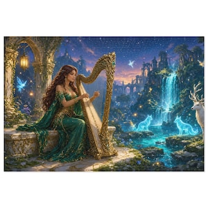 Starlight Waterfall Harp Bard Fantasy Puzzle in Tin, XL Gaming Desk Mat or Hardcover Journal - Elven Stag and Wolves Art - Redwood Roots image 1