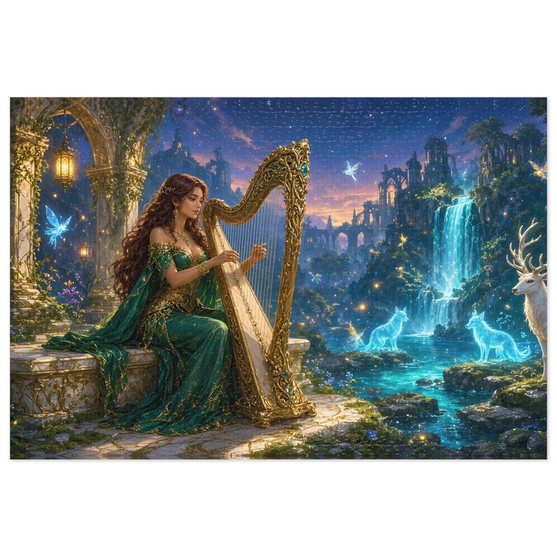 Starlight Waterfall Harp Bard Fantasy Puzzle in Tin, XL Gaming Desk Mat or Hardcover Journal - Elven Stag and Wolves Art - Redwood Roots image 1