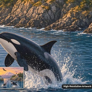 May include: A black and white orca whale breaching the blue ocean surface, creating a large splash of white water. In the corner, a small inset shows a larger landscape scene with a ferry, a mountain, a lighthouse, and an eagle.
