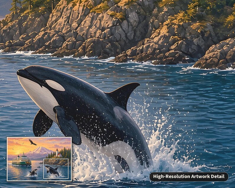 May include: A black and white orca whale breaching the blue ocean surface, creating a large splash of white water. In the corner, a small inset shows a larger landscape scene with a ferry, a mountain, a lighthouse, and an eagle.