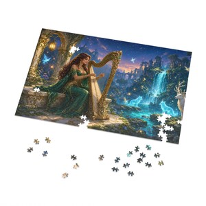 Starlight Waterfall Harp Bard Fantasy Puzzle in Tin, XL Gaming Desk Mat or Hardcover Journal - Elven Stag and Wolves Art - Redwood Roots image 4