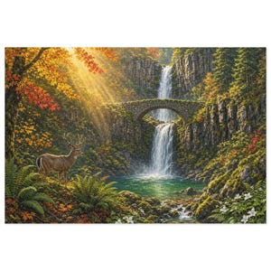 Pacific Northwest Autumn Waterfall and Stone Bridge Jigsaw Puzzle in Gift Tin, 1000 or 500 Pieces, PNW Forest Canyon Gift image 1