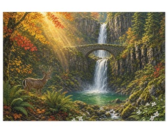 May include: A landscape painting featuring a stag standing in a lush forest with autumn foliage. A stone bridge spans a two-tiered waterfall cascading into a turquoise pool. Golden sunlight filters through the trees, illuminating the scene.