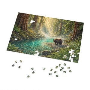Misty Redwood River Bend and Black Bear Jigsaw Puzzle in Collectors Tin (500 and 1000 Piece) - Smith River Wildlife - Redwood Roots immagine 2