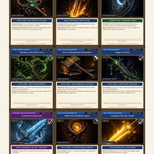 Pu&ograve; includere: Un foglio stampabile di nove carte da gioco di ruolo fantasy intitolato Enchanted Weapons, Bows & Sentinel Shields. Ogni carta presenta un'illustrazione di un'arma unica, tra cui una lama-liuto, una spada lunga infuocata, uno scudo, un arco, un martello da guerra, un pugnale, uno spadone, un bastone e una lama solare.