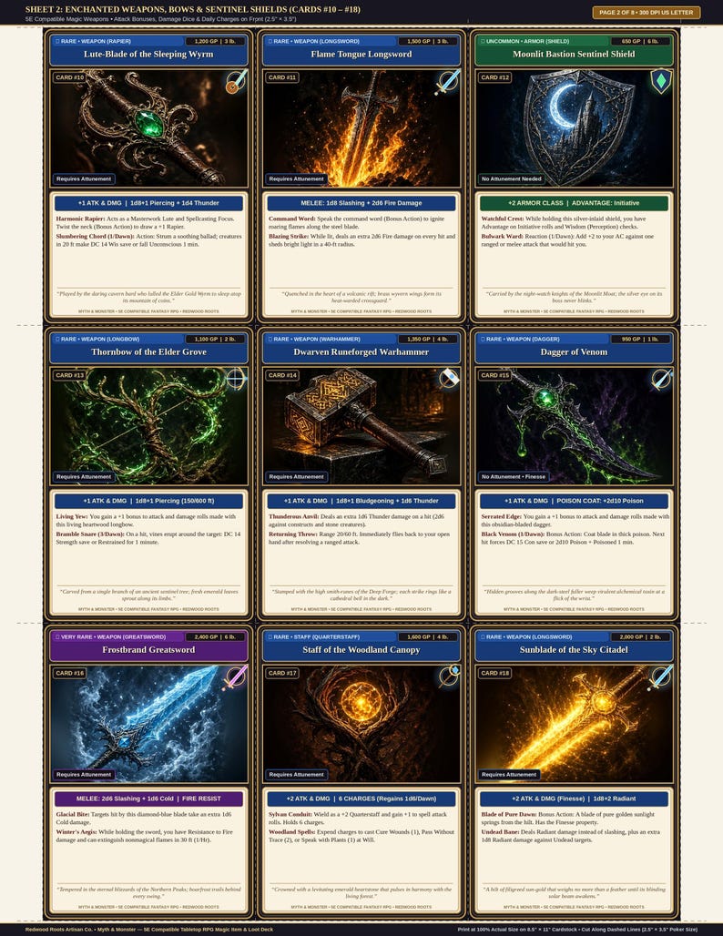 Pu&ograve; includere: Un foglio stampabile di nove carte da gioco di ruolo fantasy intitolato Enchanted Weapons, Bows & Sentinel Shields. Ogni carta presenta un'illustrazione di un'arma unica, tra cui una lama-liuto, una spada lunga infuocata, uno scudo, un arco, un martello da guerra, un pugnale, uno spadone, un bastone e una lama solare.