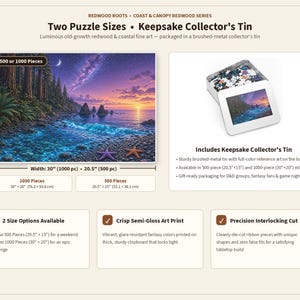 May include: A jigsaw puzzle featuring a coastal redwood forest at sunset with a starry sky, bioluminescent waves, and two starfish on a pebble beach. Includes a brushed-metal collector's tin. Available in 500 pieces (20.5" x 15") or 1000 pieces (30" x 20").