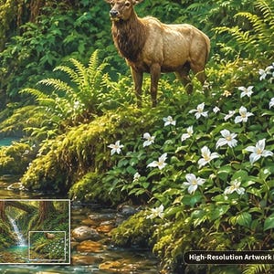 Pu&ograve; includere: Una stampa artistica dettagliata che raffigura un alce marrone in piedi su una riva muschiosa, circondato da felci verdi e numerosi fiori bianchi di trillium. Un piccolo riquadro mostra l'intera scena boschiva con una cascata.
