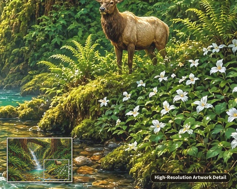 Pu&ograve; includere: Una stampa artistica dettagliata che raffigura un alce marrone in piedi su una riva muschiosa, circondato da felci verdi e numerosi fiori bianchi di trillium. Un piccolo riquadro mostra l'intera scena boschiva con una cascata.