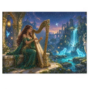 Starlight Waterfall Harp Bard Fantasy Puzzle in Tin, XL Gaming Desk Mat or Hardcover Journal - Elven Stag and Wolves Art - Redwood Roots image 6