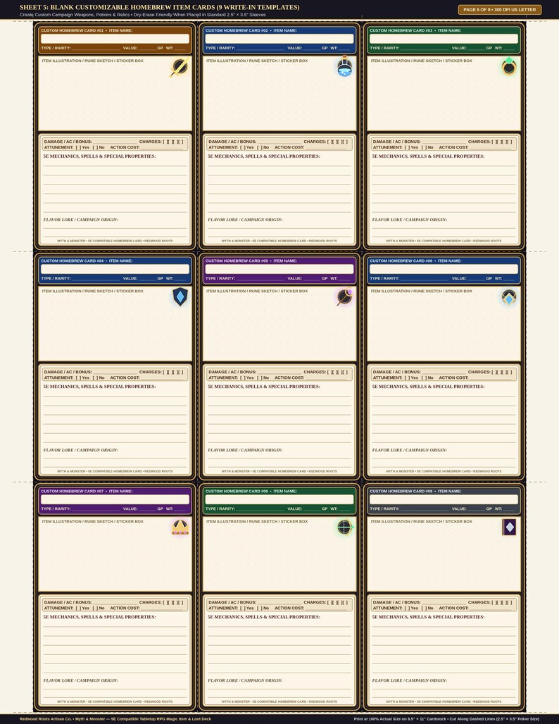 Pu&ograve; includere: Un foglio stampabile contenente nove carte oggetto personalizzabili per giochi di ruolo da tavolo. Ogni carta presenta campi per nome, tipo, rarit&agrave;, valore, peso, meccaniche, incantesimi, propriet&agrave; e storia dell'oggetto.