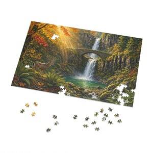 Pacific Northwest Autumn Waterfall and Stone Bridge Jigsaw Puzzle in Gift Tin, 1000 or 500 Pieces, PNW Forest Canyon Gift image 2